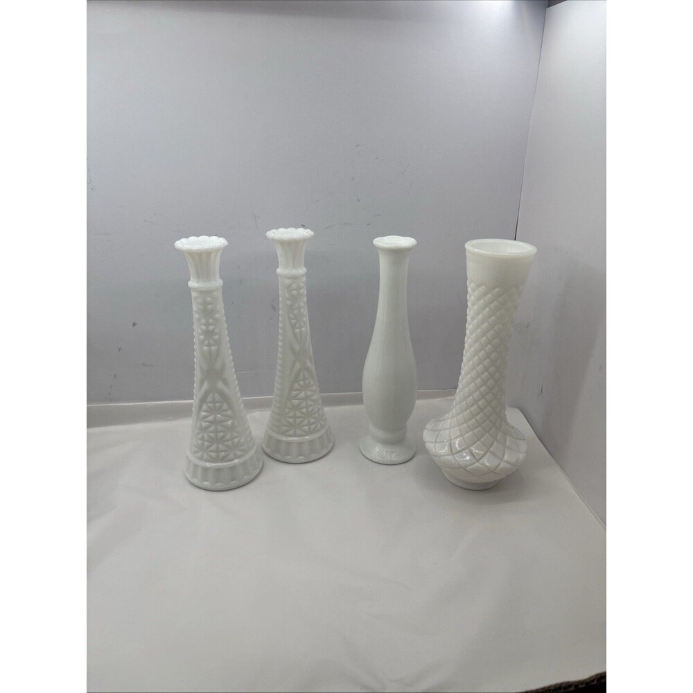 Vintage Unmarked White Milk Glass Bud Vases Geometric Pattern Lot Of 4 Vases 9"